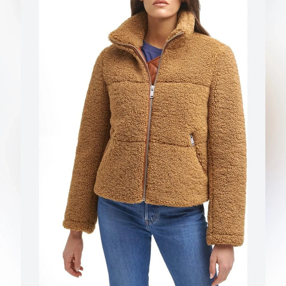 Levi's Women's Breanna Puffer Jacket Brown Sherpa Teddy Fuzzy Size S - Picture 1 of 10